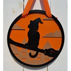 Halloween Cat on a Broom Door Hanger